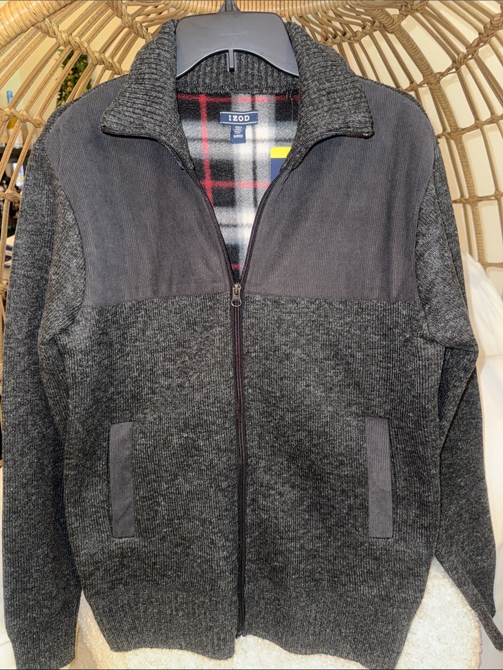 Izod Men's Dark Gray Full-Zip Knit Sweater with Plaid Lining